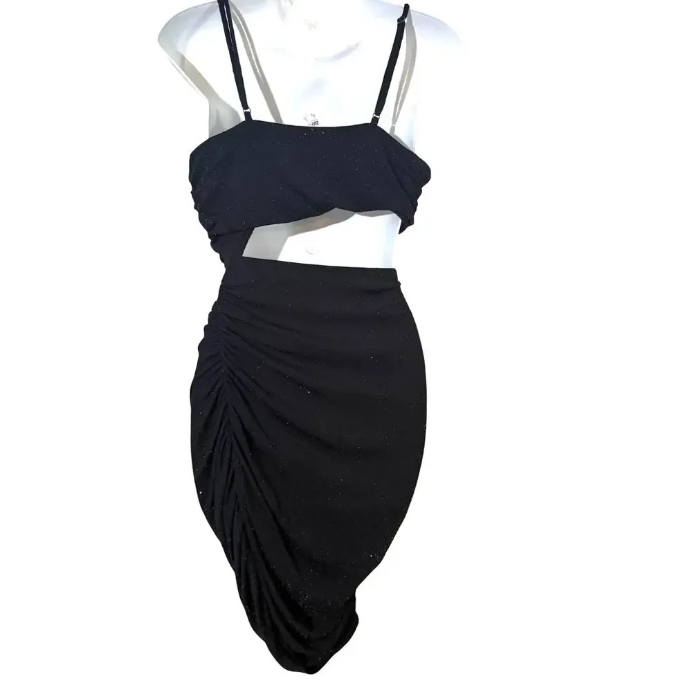 BP Little Black Dress Bodycon Mini Slip Dress Cut Out Waist Stretch Glitter sz L